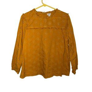 J.Crew Factory Mustard Yellow Embroidered Eyelet Cotton Blouse Size Medium